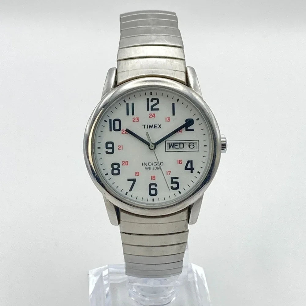 Timex Easy Reader Men's Watch 35mm Silver Tone Indiglo Stretch Band New Battery